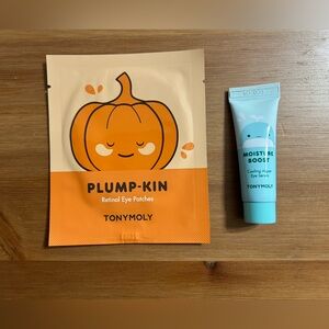 Tony Moly Plump-Kin retinol eye patch and Moisture Boost Cooling Algae Serum
